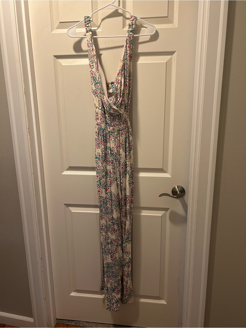 LOFT Ivory Jumpsuit with Pink and Teal Floral Print